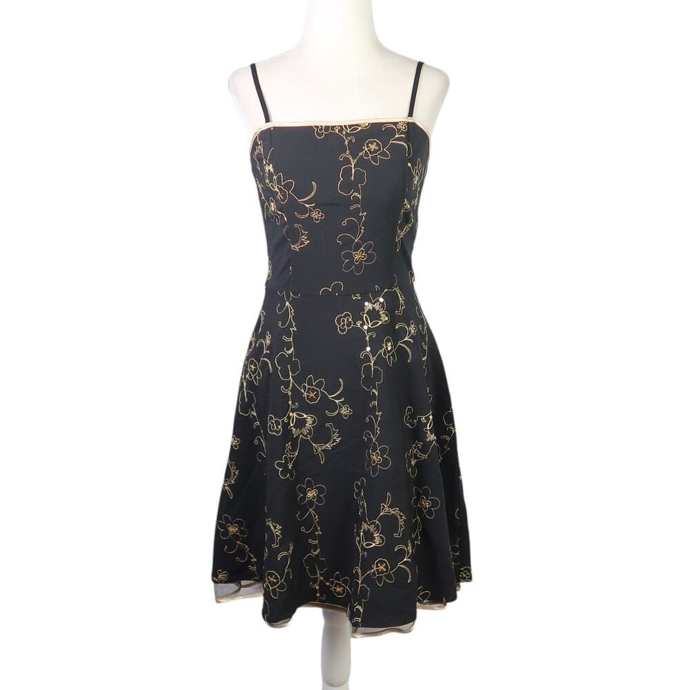 Vintage 90s Steppin' Out Black and Gold Floral Embroidered Party Dress S